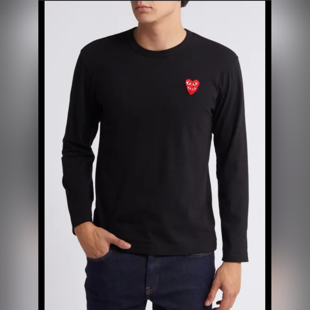 Comme des Garcons Black Long Sleeve Tee with Red Heart